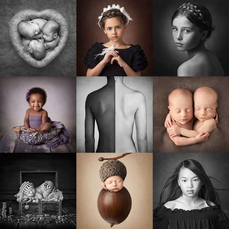 Bildkollage med bilder på nyfödd, baby och barn