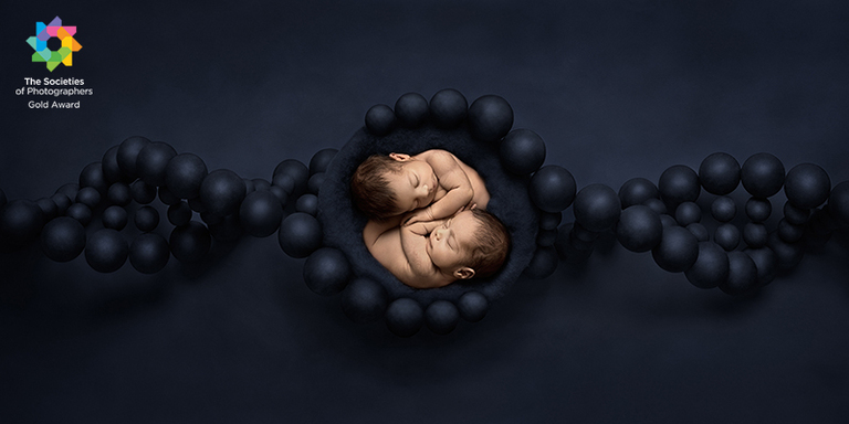 Nyfödda tvillingar ligger ihopkurade som yin yang i en korg som är en del av en DNA-molekyl. Bakgrund och rekvisita går i en härligt blå ton.
