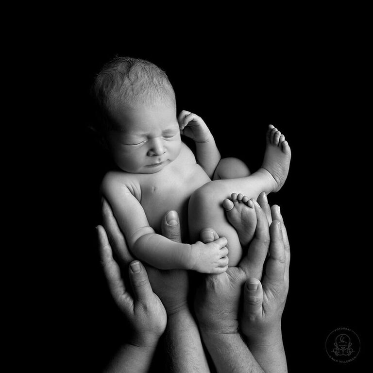 Svartvit bild på nyfödd bebis i mammas och pappas händer. Lion King pose.