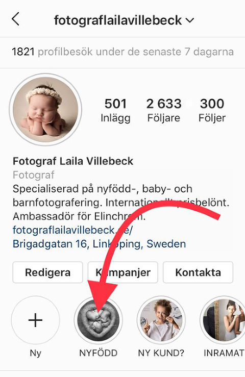 Bild på Instagramkontot för Fotograf Laila Villebeck som märker ut var mer information om nyföddfotografering finns att hämta