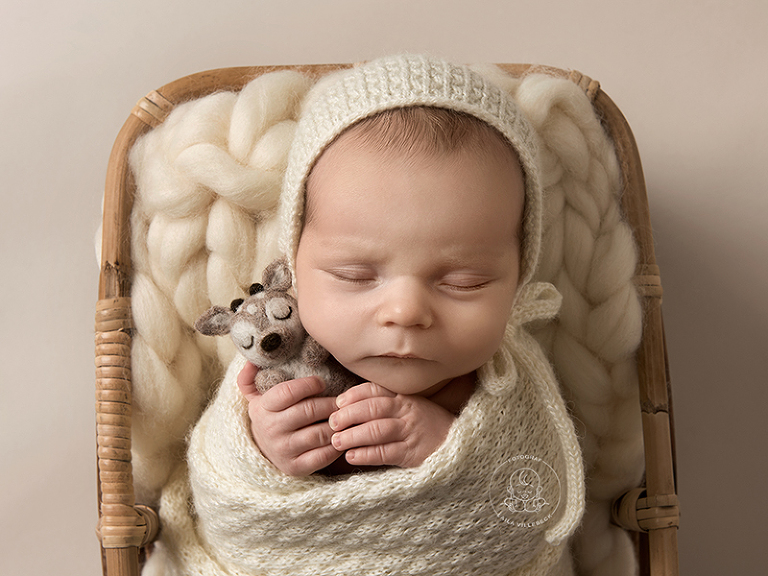 Ett nyföddporträtt där bebisen ligger i en korg. Han är inlindad och har mössa på huvudet. Han kramar om ett litet filtat gosedjur i formen av ett rådjur.